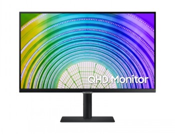 27-tolline Samsung-monitor, õhuke must raam ja värviline QHD-ekraan, keskne alus.