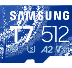 Samsung T7 512 GB microSD-mälukaart, sinine Sinine Samsung T7 microSD-mälukaart, 512 GB, Class 10, U3, V30 -märgistega.
