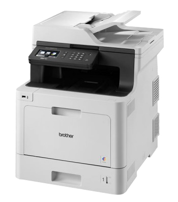 Valge multifunktsionaalne printer mustade detailidega, ülaosas juhtpaneel ja sisestusseade.