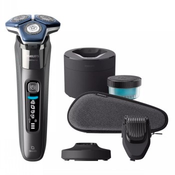 Philips 7000 Bluetooth-pardel ja lisatarvikud meestele Philips 7000 seeria pardel, must siniste detailidega, komplektis lisatarvikud nagu habeme kujundaja ja hoiukott.