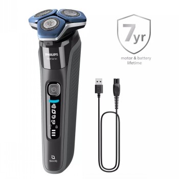 Philips 7000 Bluetooth SkinIQ Skinglide pardel kolme teraga Philips'i pardel kolme pöörleva teraga, must hõbedaste detailidega, USB-juhe ja seitsmeaastase garantii andmed.