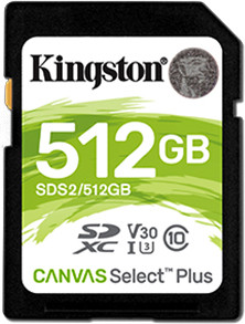 KINGSTON 512 GB CANVAS SELECT PLUS GEN2 SD, UHS-I, U3, V30 (100R)