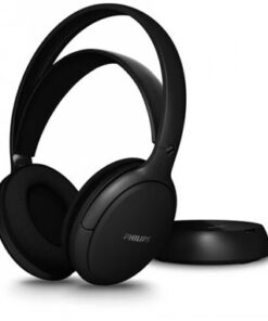 Philips SHC5200M TV-kõrvaklapid ja laadimisjaam, must Mustad juhtmevabad Philips kõrvaklapid ja laadimisjaam valgel taustal.