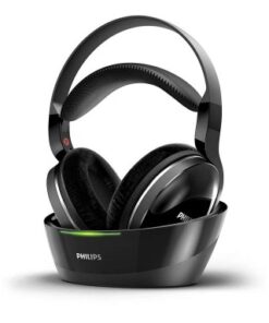 Mustad Philips SHD8850 juhtmevabad TV-kõrvaklapid laadimisjaamas, moodne disain.