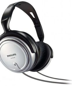 Mustad over-ear-kõrvaklapid hõbedaste detailidega ja pika juhtmega, külgvaade.
