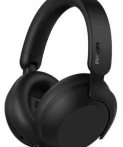 Philips H8000E ANC kõrvaklapid, stiilne must disain Mustad Philips H8000E ANC kõrvaklapid kõrvu katva disainiga, nähtav eest ja küljelt.