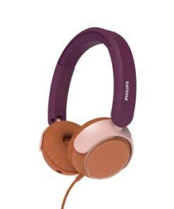 Philips K2000 lastekõrvaklapid, punasevioletne disain Lastekõrvaklapid punasevioletse ja oranži värvikombinatsiooniga, kergelt polsterdatud peapeavöö ja kõrvapadjad, külgvaates.