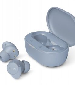 Philips T1300 helesinised juhtmevabad kõrvaklapid laadimiskorpusega Helesinised Philips T1300 TWS kõrvaklapid ja laadimiskorpus, avatud kujul.