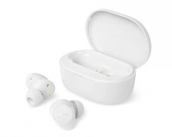 Philips T1300 TWS-kõrvaklapid valge laadimiskarbiga Valged Philips T1300 TWS-nööpkõrvaklapid avatud laadimiskarbiga.