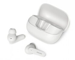 Valged Philips T3000 ANC TWS kõrvaklapid ja laadimiskarp, avatud valgel taustal.