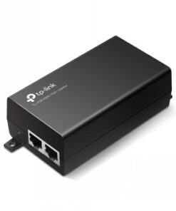 Must TP-Linki POE+ injektoriadapter kahe Ethernet-pordi ja stiilse viimistlusega, horisontaalses asendis.