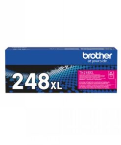 Sinivalge Brother TN248XLM magenta-tooneri pakend, selge tootja logo.