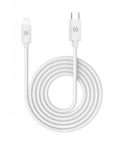 Valge Celly Lightning - USB-C-kaabel, kindel ja ümmargune disain, 60W võimsus, nähtav sirgelt kogu pikkuses.