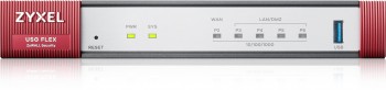 Zyxel USG FLEX 100 tulemüür selge esipaneeliga Punavalge Zyxel USG FLEX 100 tulemüür, ees pordi tuled ja USB-port.