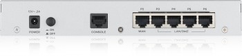 ZYXEL USG FLEX 100 tagumise osa liidesed ja pordid ZYXEL USG FLEX 100 tulemüüri tagakülg, kus on WAN-pordi, 4 LAN/DMZ-pordi ja USB-liidesega.