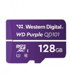 Lilla Western Digital Purple 128GB microSD-mälukaart valgete märgistega, tasane eestvaade.