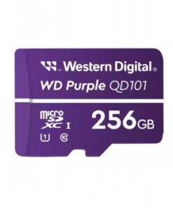 Lilla 256GB Western Digital Purple microSDXC-mälukaart, valge tekst ja logo, eestvaates.