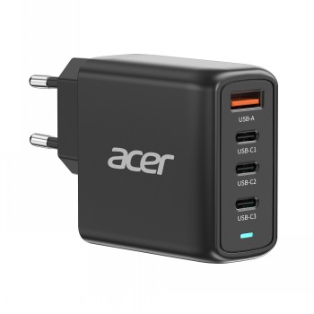 Must Acer 100W GaN laadija, millel on üks USB-A-port ja kolm USB-C-porti, külgprofiil.