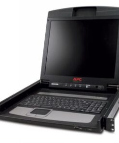 APC 17-tolline must LCD-konsool, millel on integreeritud klaviatuur ja analoogne KVM-lüliti, paigaldatud racki.