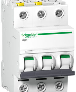 Valge kolmeosaline kaitselüliti, Schneider Electric logo, lülitid allosas.
