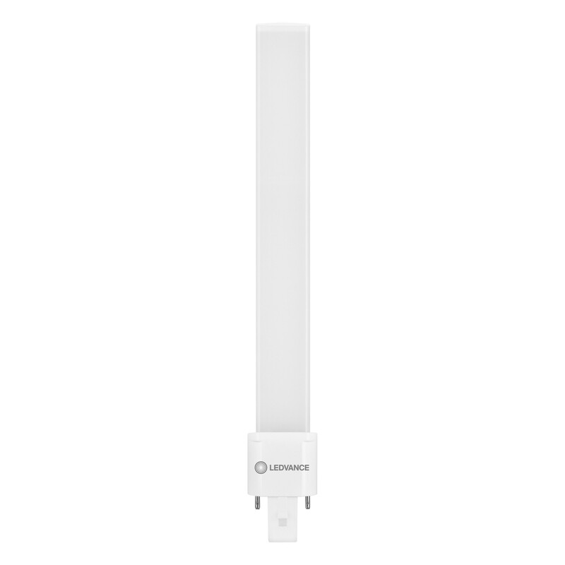 Kompaktne valge LED-luminofoorlamp ristkülikukujulise valge valgustiosaga ja G23-alusühendusega.