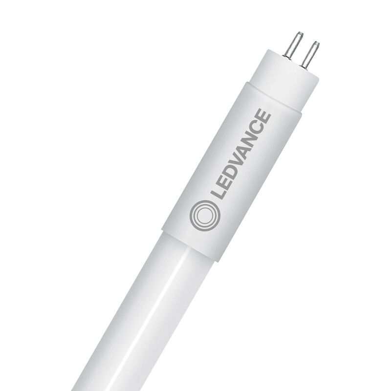 Valge LEDVANCE LED-toru, silindrikujuline, kaks väikest ühendust otsas, lähivõte.
