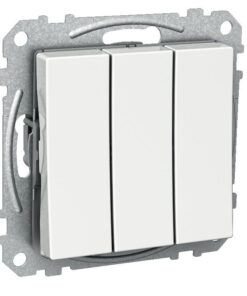 Schneider Electric Exxact 1+1+1-lüliti, valge ja moodne mudel. Kolmeosaline lüliti metallraamis, valge värv, sirgjooneline disain.