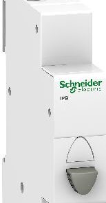 Schneider Electricu nupp-pedaal IPB, hall lüliti, kompaktne suurus Hall nupp-pedaal, millel on Schneider Electricu logo. Kompaktne disain, valge korpus ja hall lülitiosa. Vaade esiküljelt...
