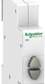 Schneider Electric IPB-nupu moodul, topeltnupp rohelise ja punasega. Valge Schneider Electricu nupu- moodul, ees roheline ja punane nupp.
