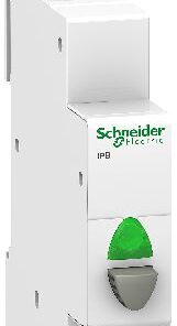 Schneider Electric IPB lüliti rohelise nupuga, 230VAC Valge Schneider Electric lüliti rohelise nupuga, vertikaalne vaade.