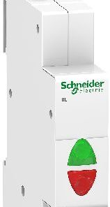 Schneider Electric IIL kaksikmärgutuli roheline/punane 12-48V Valge Schneider Electric kaubamärgi kaksikmärgutuli, mille esiküljel on roheline ja punane LED-tuli, vertikaalses vaates.