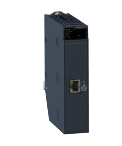 Schneider Electric Modiconi liiklusmoodul, kompaktne ja tööstuslik lahendus Tumedahall Modiconi liiklusmoodul, millel on rohelised ja punased LED-tuled, Ethernet-port ja õhuke vertikaalne ...