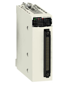 Schneider Electric Modicon digitaalne väljundmoodul 32 kanalit, 24V DC Hele ristkülikukujuline digitaalne väljundmoodul pistikute ja märgutuledega. Vaade eest ja küljelt.