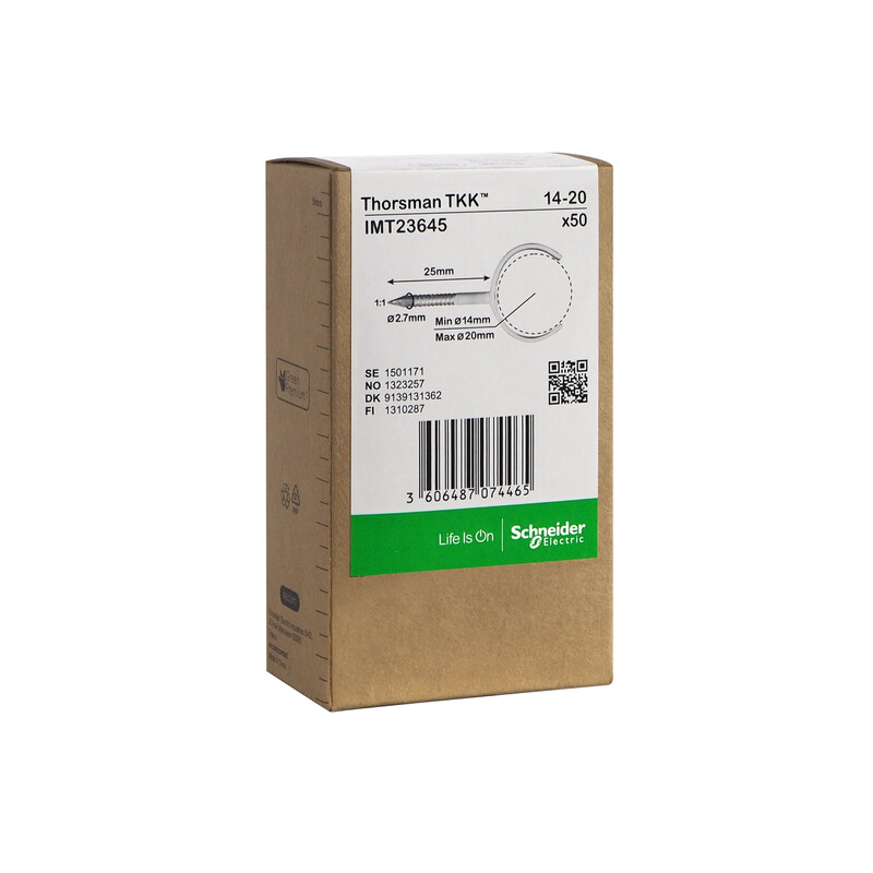 Schneider Electric Thorsman TKK 14-20 naelklambrid, valge, 50 tk Pruun papist pakk, milles on Schneider Electric Thorsman TKK 14-20 naelklambrid. Etiketil on tehnilised andmed.