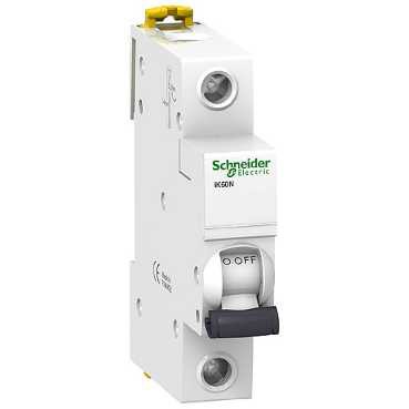 Schneider Electric Acti9 IK60N voolukatkesti, ühepositsiooniline, valge korpus, must hoob, külgprofiil.