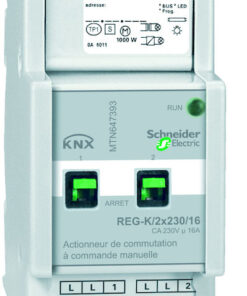 Schneider Electric KNX-lüliti K2X230/16A kasutamiseks. Schneider Electricu KNX-lüliti, halli ristkülikukujuline seade roheliste ja mustade nuppudega, ees selged tähistused.
