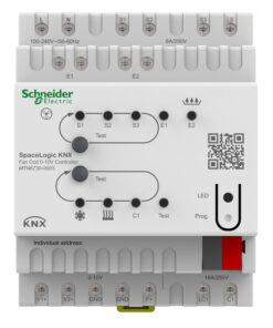 Schneider Electric SpaceLogic KNX ventilaatori konvektor kontroller 1-10V Valge Schneider Electricu ventilaatori konvektori kontroller, millel on selged ühendused ja nupud, DIN-liistule kinnitatav.