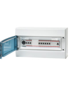 ABB RP4E09JUMV 40A IP65 elektrijaotuskast sinise uksega Valge elektrijaotuskast, millel on sinine läbipaistev uks ja mitu lülitit nähtaval.