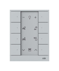 ABB 8-osaline alumiiniumist nupupaneel valgustuse juhtimiseks Halli alumiiniumist 8-osaline nupupaneel, keskel ikoonid valgustuse ja seadmete juhtimiseks.