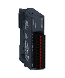 Schneider Electric Modicon TM3 releemoodul, kompaktne ja tõhus valik. Must Schneider Electric Modicon TM3 releemoodul oranžide ühendusportide ja selgete märgistega külgedel.