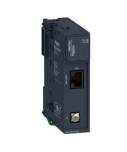 Schneider Electric Modicon TM3 laiendusliides, suhtlusmoodul Tumedahall Schneider Electric Modicon TM3 laiendusliides, millel on võrguseadmed ja märgised.