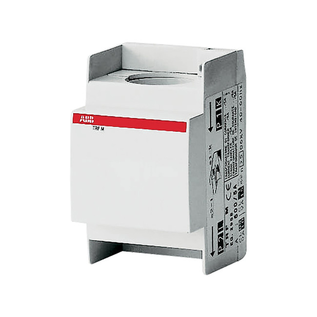 ABB 150/5A kaablitrafo, DIN-liist, 3 moodulit Valge DIN-liistule kinnitatav ABB 150/5A kaablitrafo hallide ja punaste detailidega.