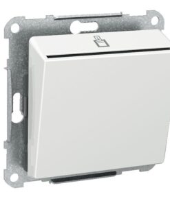 Schneider Electric Exxact valge kaardilüliti LED-märgutulega Valge 2-pooluseline kaardilüliti, millel on LED-märgutuli ja metallist kinnitusraam, otse eest vaadatuna.