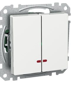 Schneider Electric Exxact kiiklüliti LED-märgutuledega, valge Kaks valget kiiklülitit märgutuledega metallist paigaldusraamis. Sümmeetriline ja minimalistlik disain.