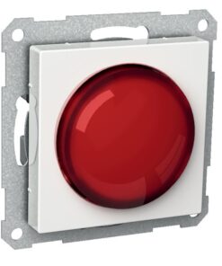 Schneider Electric Exxact nupp punase tulega, valge Valge seinale paigaldatav nupp, mille keskel suur punane ümmargune märgutuli.