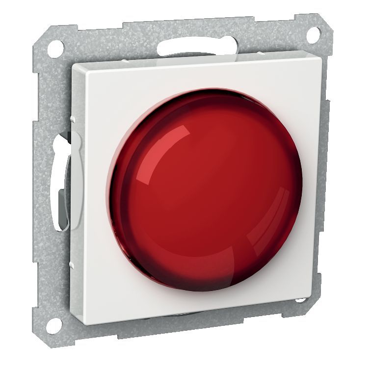 Schneider Electric Exxact punane märgutuli, valge raam Punane ümmargune märgutuli, valge taustaplaadi ja metallraamiga, pildistatud otse nurga alt.