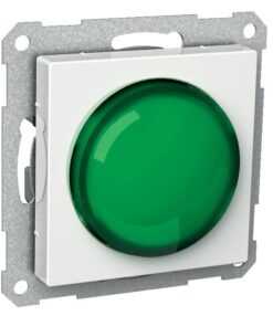 Schneider Electric Exxact roheline märgutuli E10 paigaldusplaadiga Valges raamis olev roheline ümmargune märgutuli metallist paigaldusplaadil eestvaates.