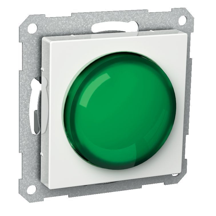 Schneider Electric Exxact roheline märgutuli E10 paigaldusplaadiga Valges raamis olev roheline ümmargune märgutuli metallist paigaldusplaadil eestvaates.