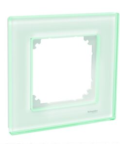 Schneider Electricu valge klaasist Exxact Solid 1-osaline raam, ruudukujuline disain, rohekas peegeldus.