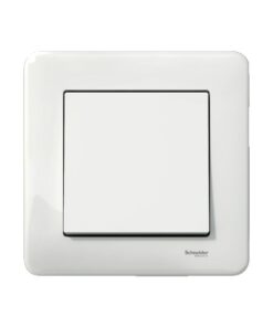 Schneider Electric Exxact 6/1-lülitikomplekt, valge IP44 raam. Valge ruudukujuline lüliti, mustade detailidega, Schneider Electricu logo all nurgas.